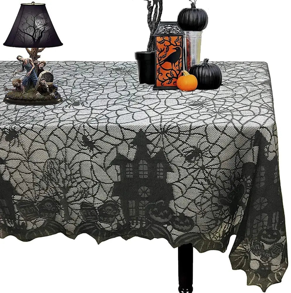 Halloween Lace Tablecloth – Rectangular Haunted House & Pumpkin Design-0