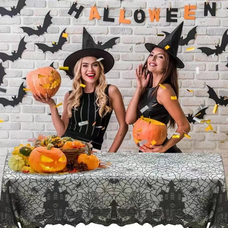 Halloween Lace Tablecloth – Rectangular Haunted House & Pumpkin Design-1