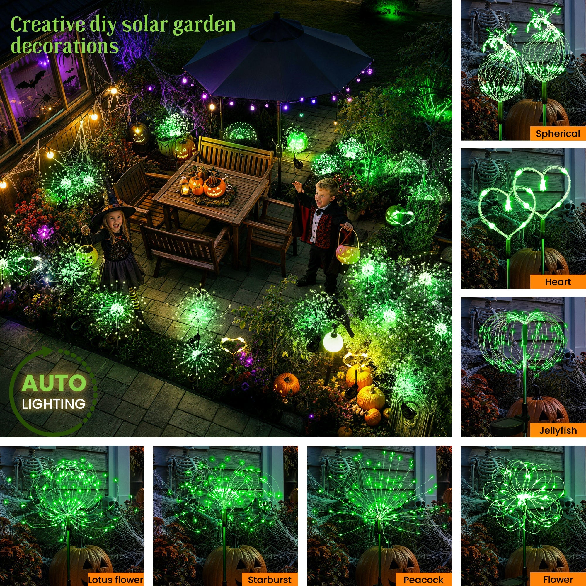 GIGALUMI Solar Firework Lights Outdoor, Halloween Decor, Green-2