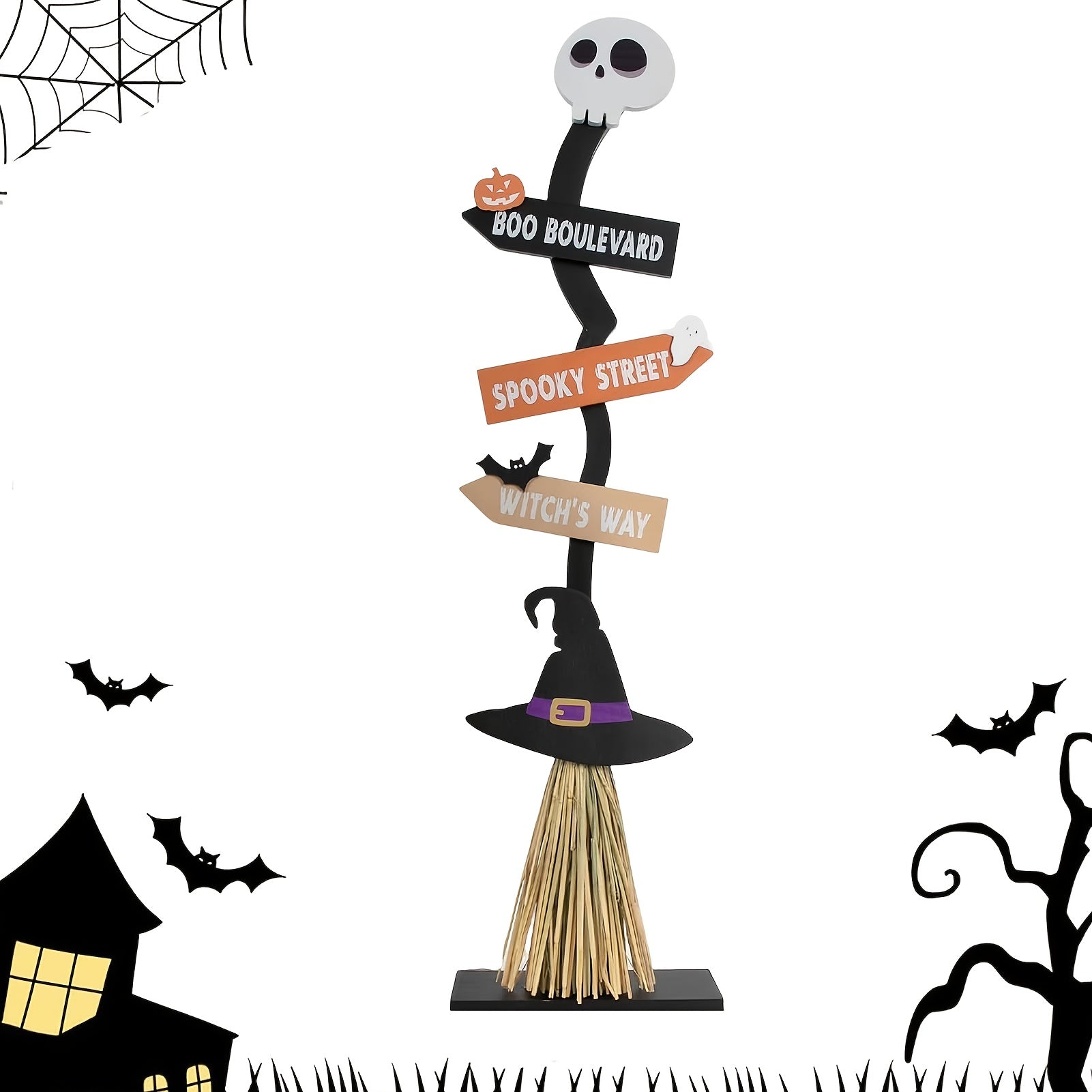NNETM Witch Broom Decor with Halloween Sign-4