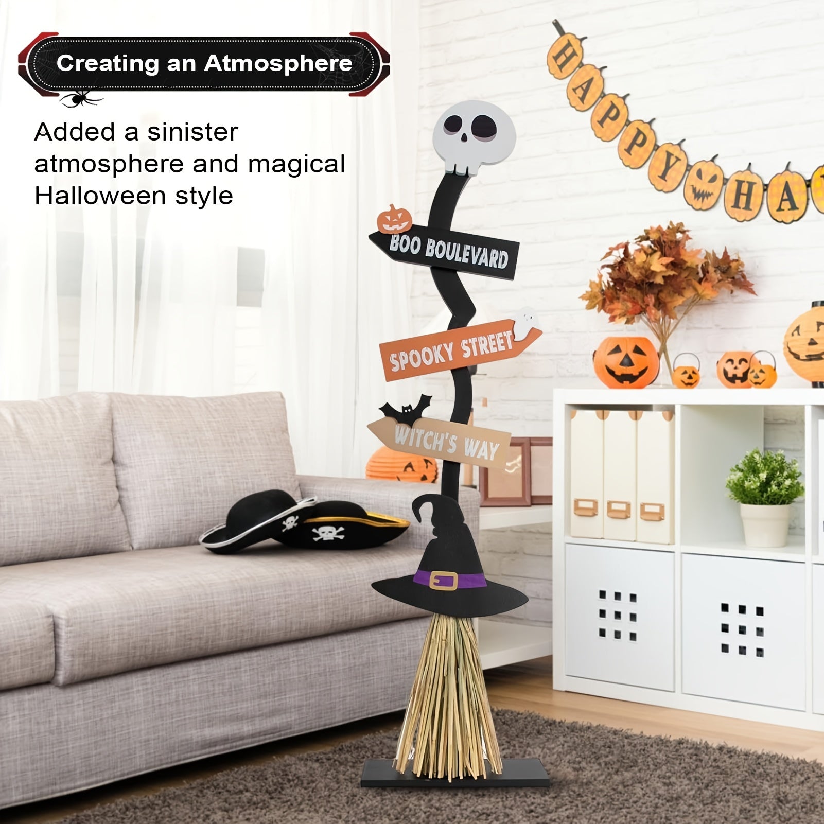 NNETM Witch Broom Decor with Halloween Sign-1