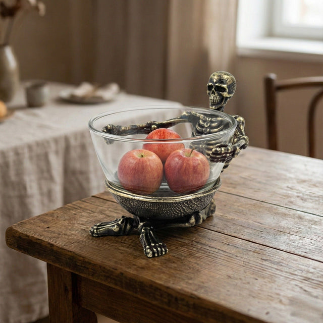 Skeleton Bowl with Glass Insert – Gothic Decorative Dish | Gold, Silver or Antique Finish | Halloween Candy Bowl & Home Decor