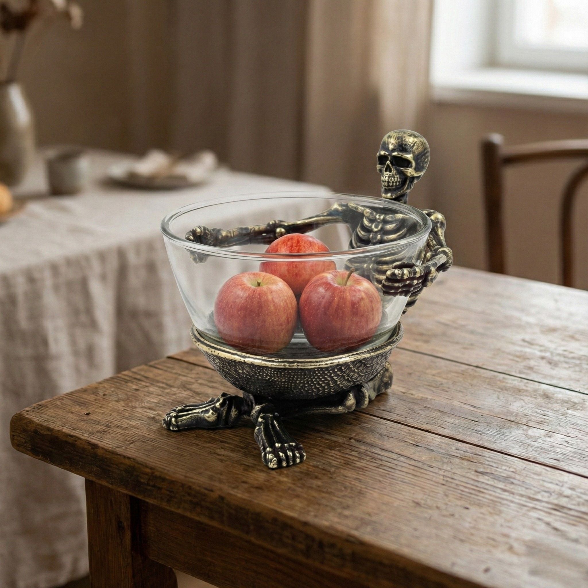 Skeleton Bowl with Glass Insert – Gothic Decorative Dish | Gold, Silver or Antique Finish | Halloween Candy Bowl & Home Decor-0