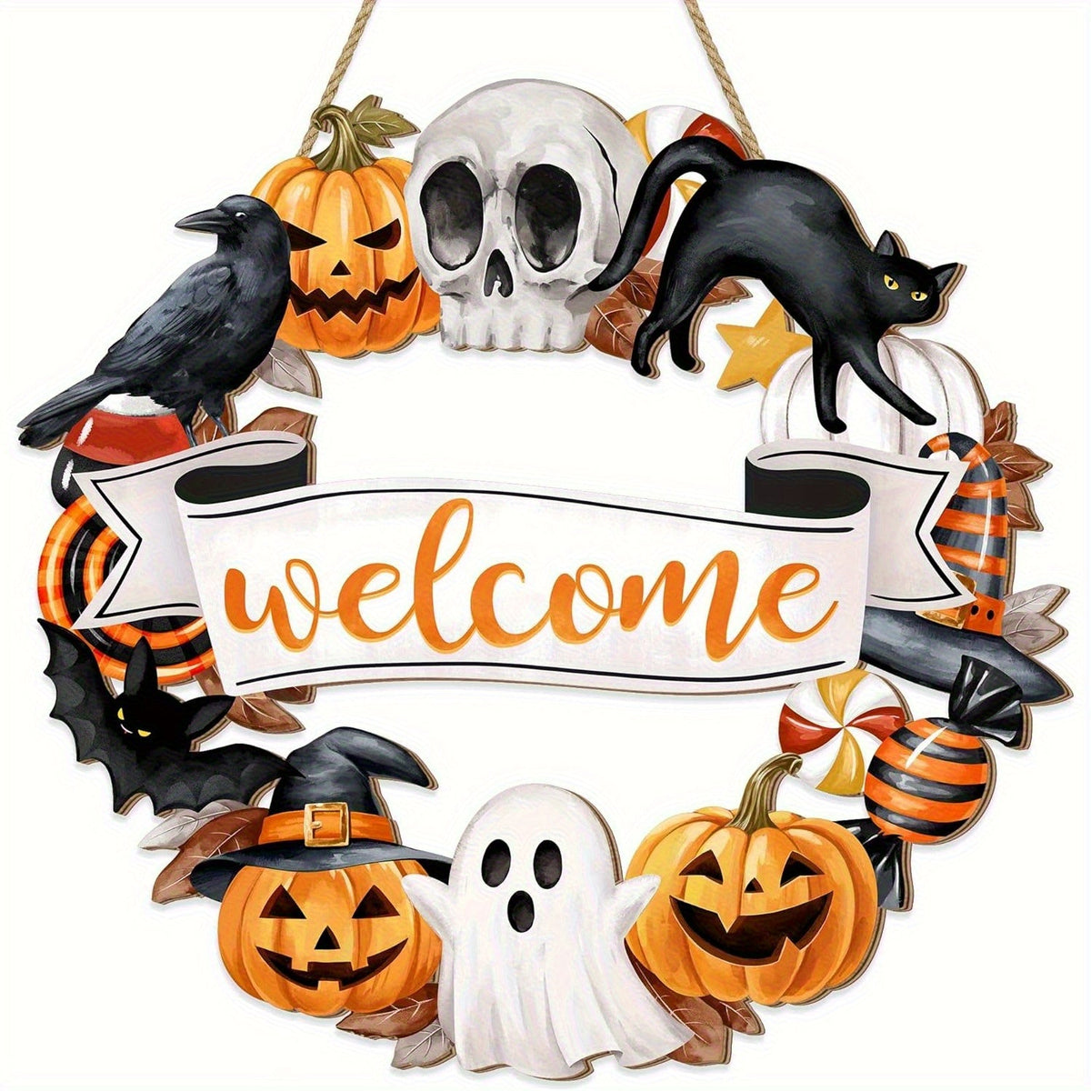 Halloween Wooden Wreath Black Cat Pumpkin Skull Sign-0
