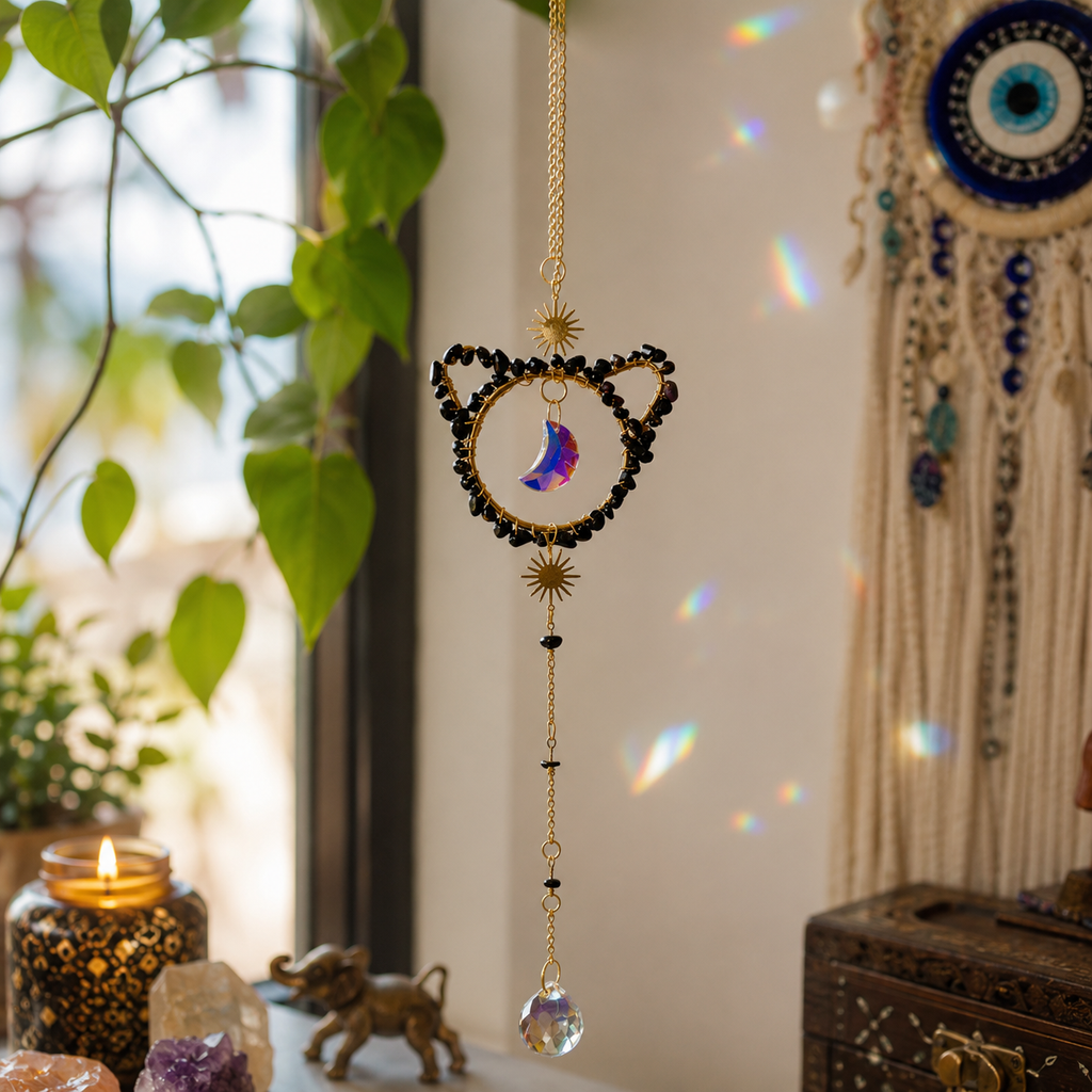 Black Cat & Crystal Moon Suncatcher Wall Hanging-3