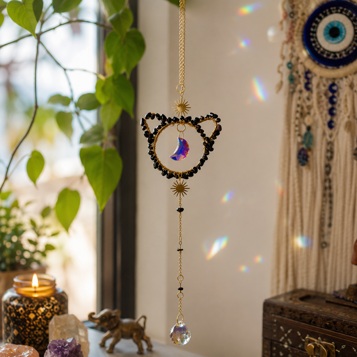 Black Cat & Crystal Moon Suncatcher Wall Hanging-3