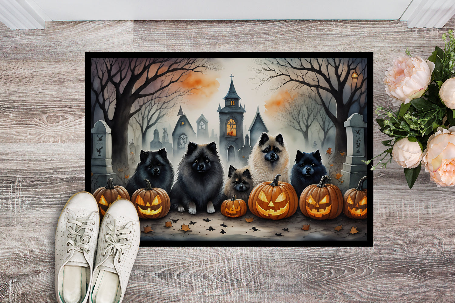 Keeshond Spooky Halloween Doormat-1