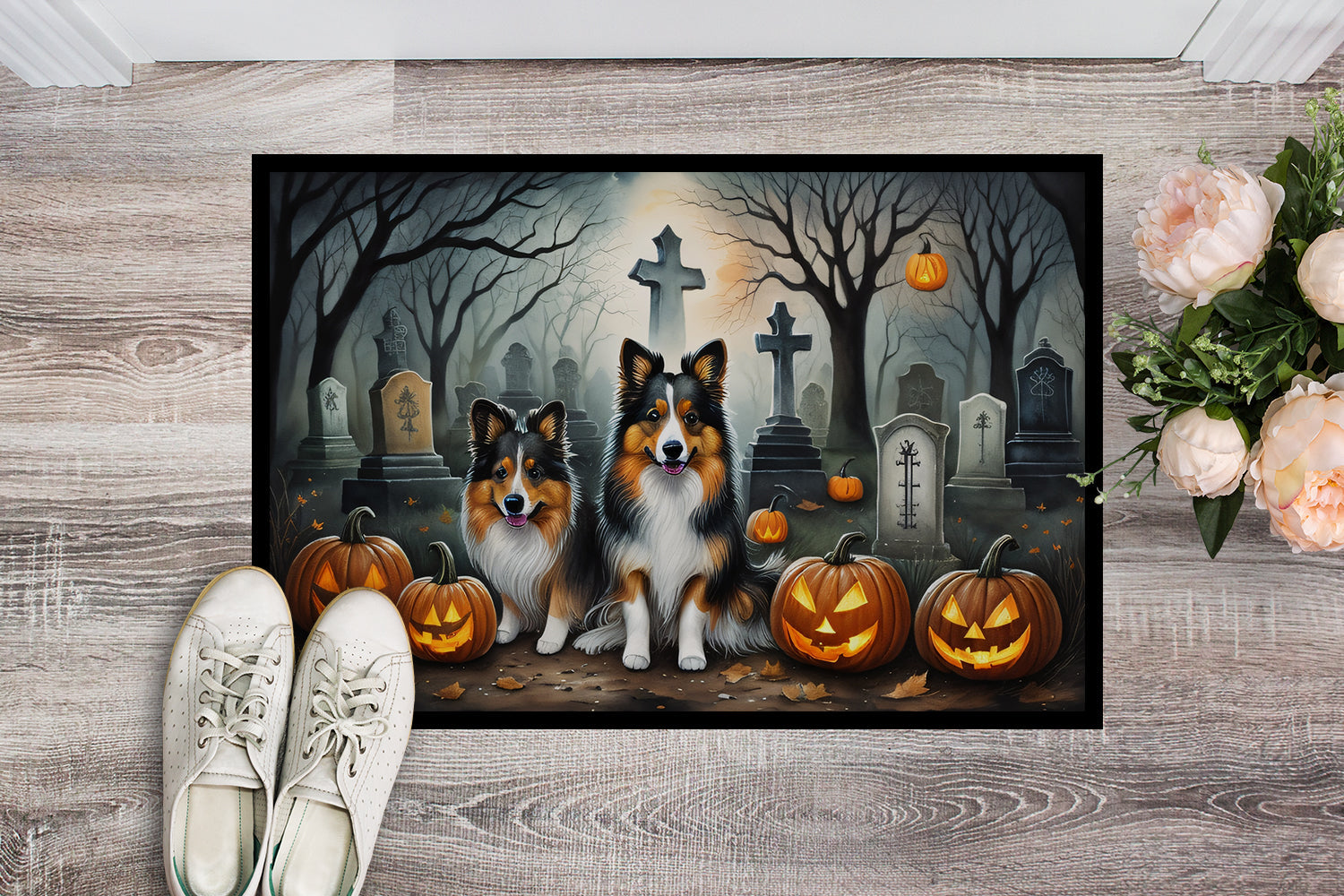 Sheltie Spooky Halloween Doormat-1