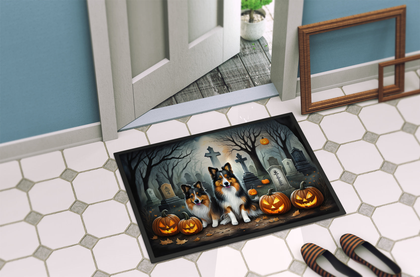 Sheltie Spooky Halloween Doormat-3