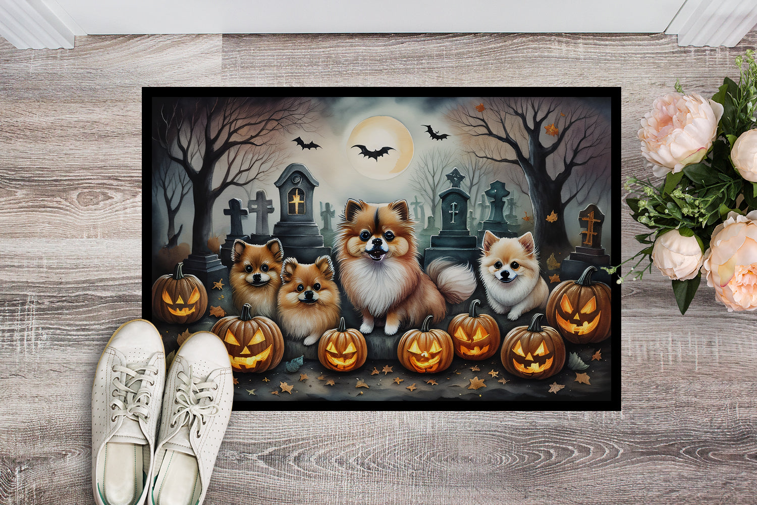 Pomeranian Spooky Halloween Doormat-1