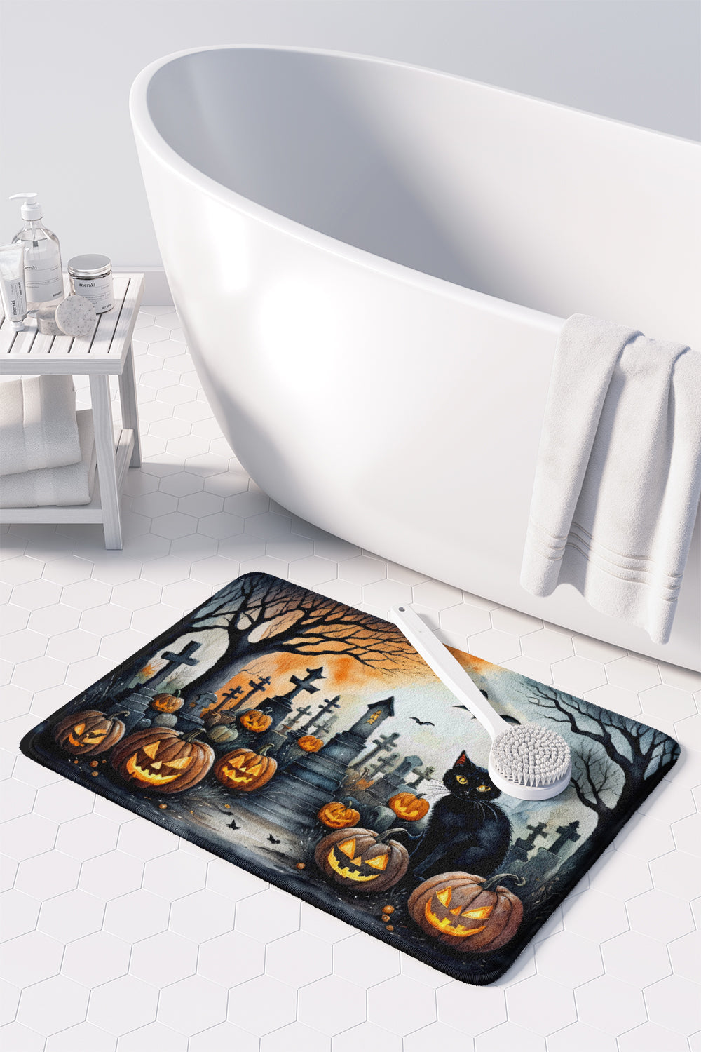 Black Cat Spooky Halloween Memory Foam Kitchen Mat-2