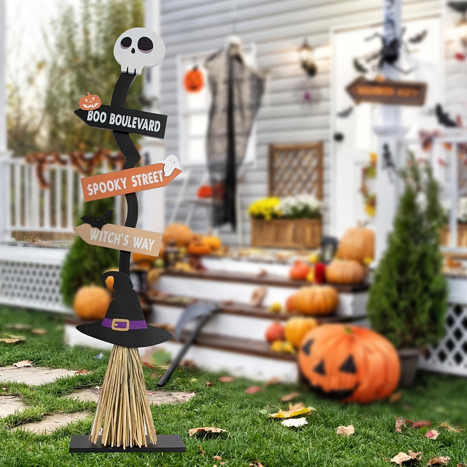 NNETM Witch Broom Decor with Halloween Sign-2