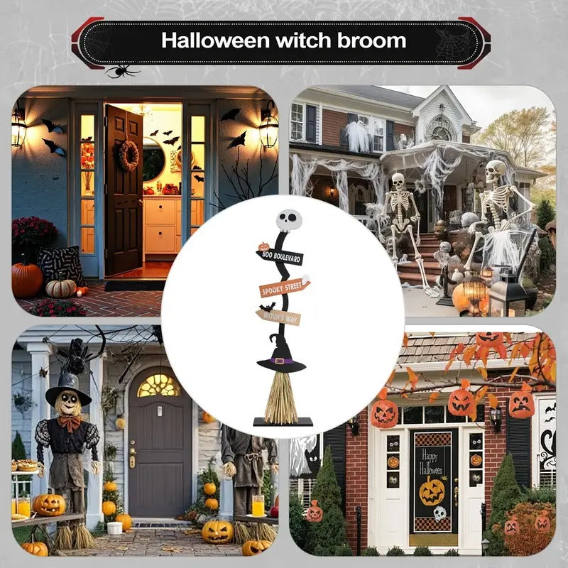NNETM Witch Broom Decor with Halloween Sign-3