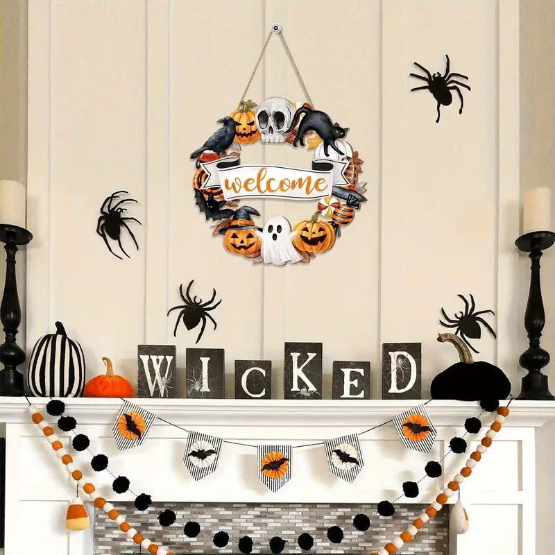 Halloween Wooden Wreath Black Cat Pumpkin Skull Sign-2