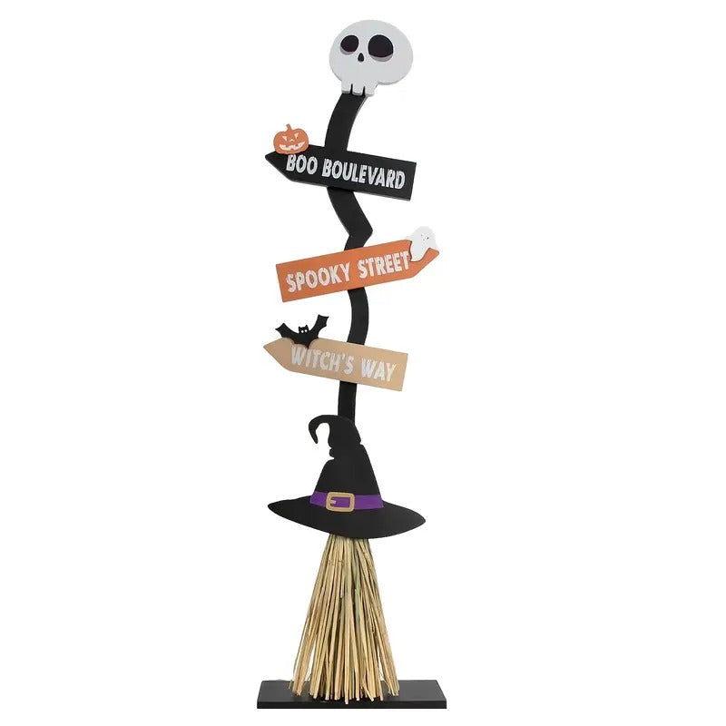 NNETM Witch Broom Decor with Halloween Sign-0