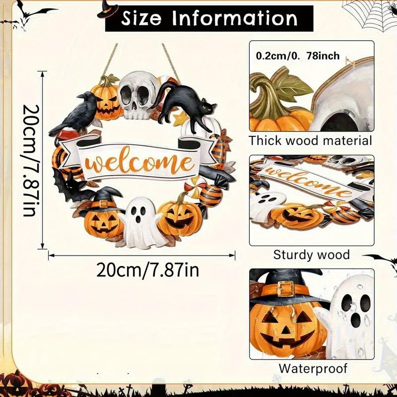 Halloween Wooden Wreath Black Cat Pumpkin Skull Sign-3